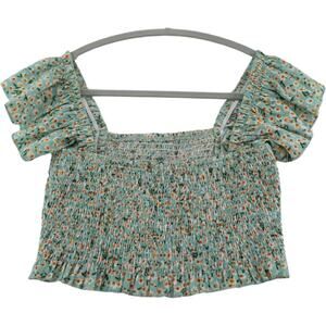 Lulus Smocked Floral Crop Top Womens M Green Puff Sleeve Cottagecore